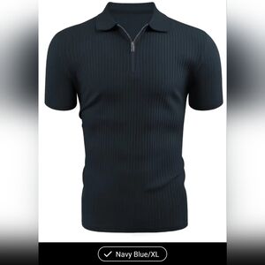 Collared Muscle Polo Shirt Men Slim Fit Ribbed  Short Sleeve XL Navy Blue